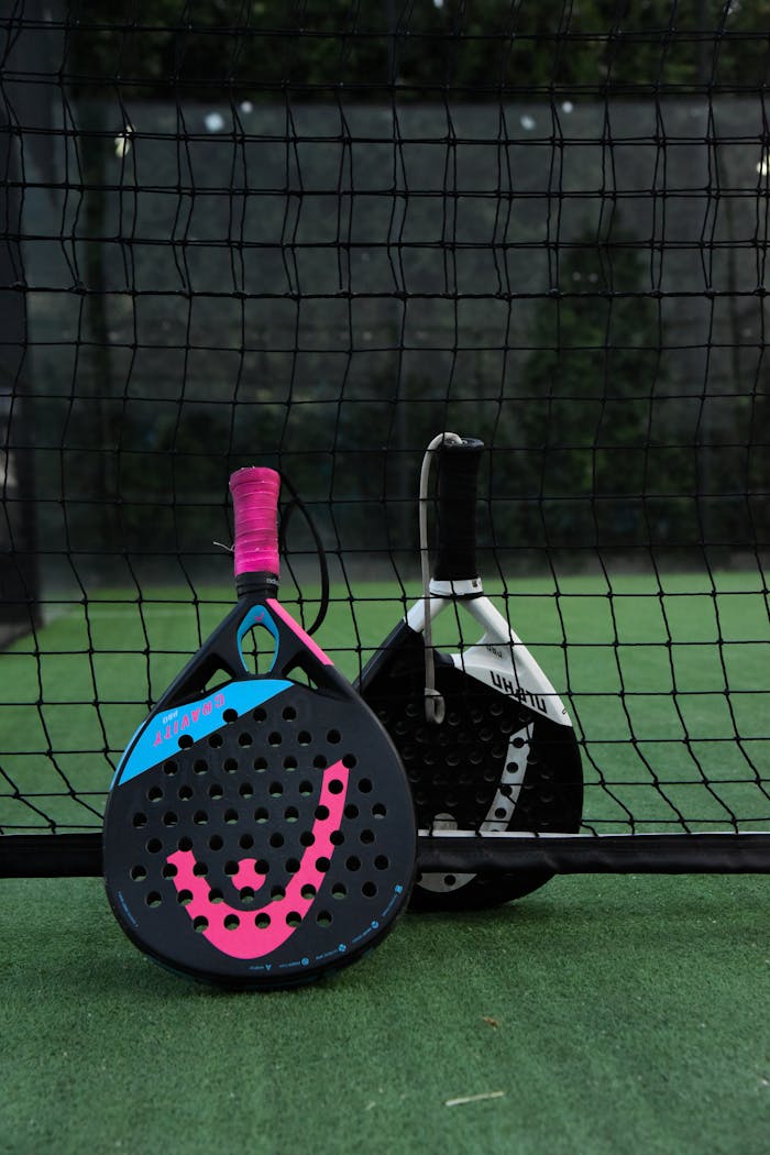 Close-up of brightly colored padel rackets resting on a tennis court in Iran.